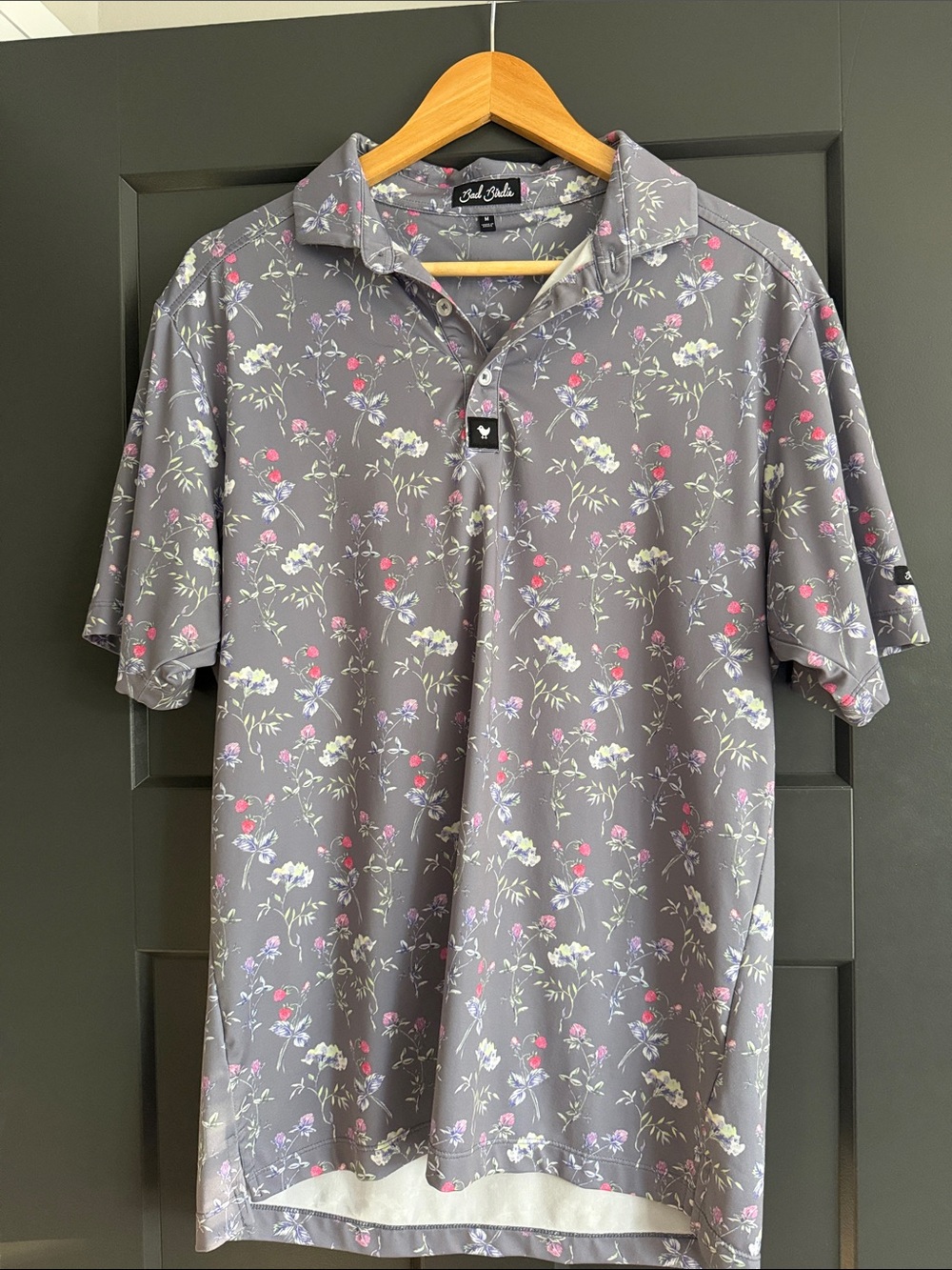 Bad Birdie Gray Floral Golf Polo with Pink & White Accents